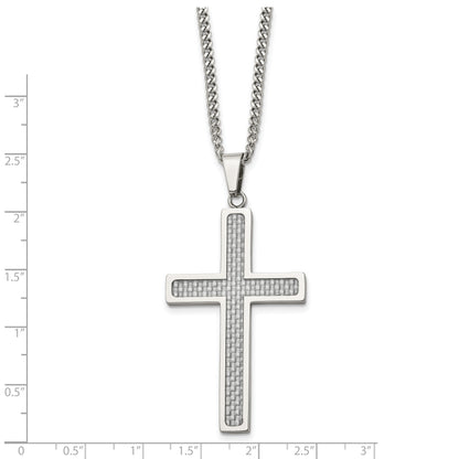 Stainless Steel Chisel Polished With Grey Carbon Fiber Inlay Large Cross Pendant On A 20 Inch Curb Chain Necklace