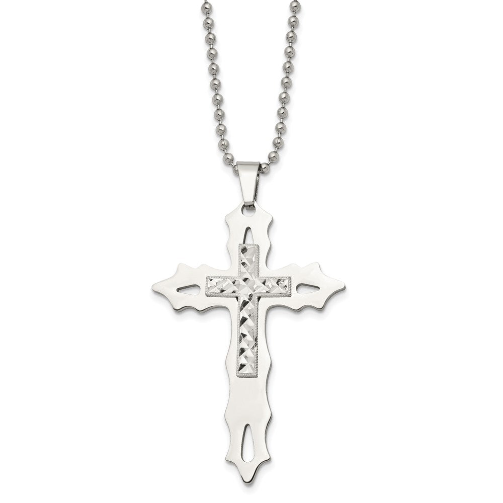 Stainless Steel Chisel Polished With Sterling Silver Inlay Cross Pendant On A 20 Inch Ball Chain Necklace