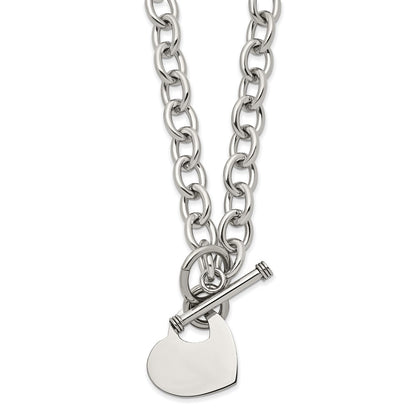 Stainless Steel Chisel Polished Heart Toggle On An 18 Inch Open Link Chain Necklace