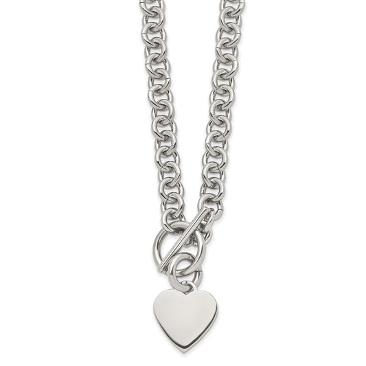 Stainless Steel Chisel Polished Heart Toggle On An 18 Inch Open Link Chain Necklace