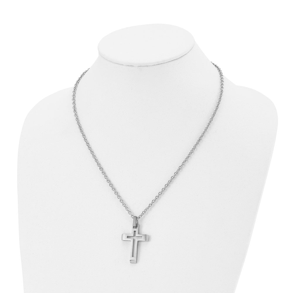 Stainless Steel Chisel Brushed And Polished Cut-Out Cross Pendant On A 20 Inch Cable Chain Necklace