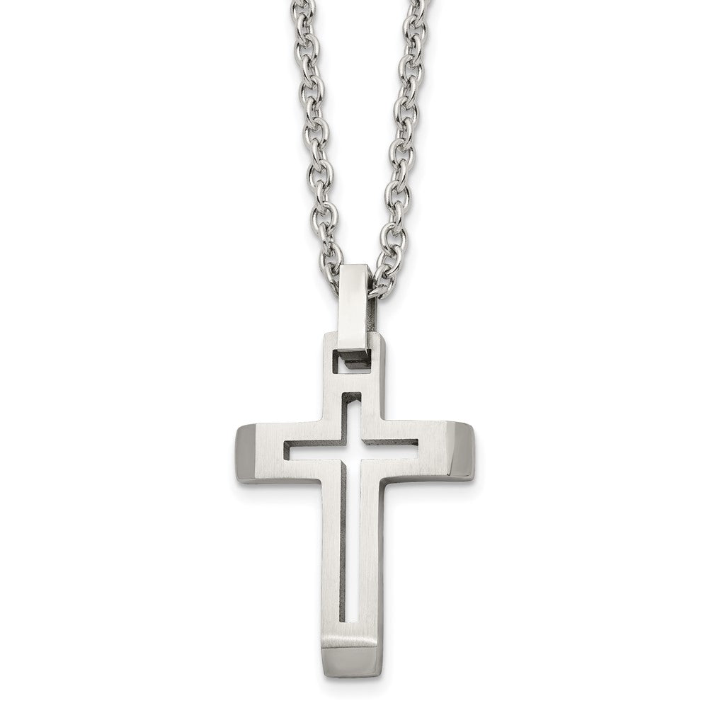 Stainless Steel Chisel Brushed And Polished Cut-Out Cross Pendant On A 20 Inch Cable Chain Necklace