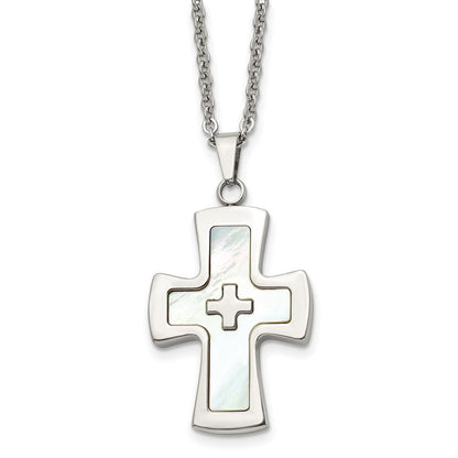Stainless Steel Polished Mother Of Pearl Cross 22In Necklace
