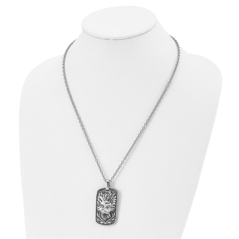 Stainless Steel Chisel Antiqued And Polished Mystical Lion Dog Tag On A 22 Inch Cable Chain Necklace