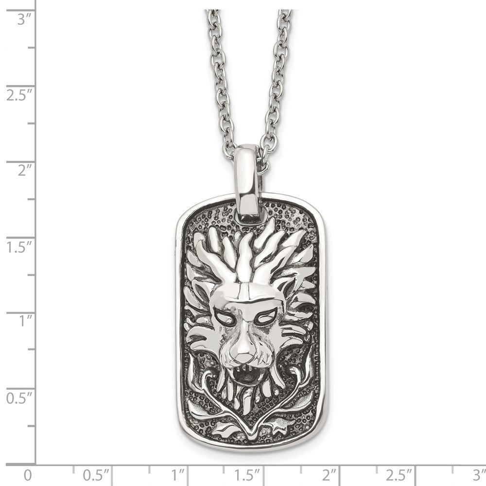 Stainless Steel Chisel Antiqued And Polished Mystical Lion Dog Tag On A 22 Inch Cable Chain Necklace