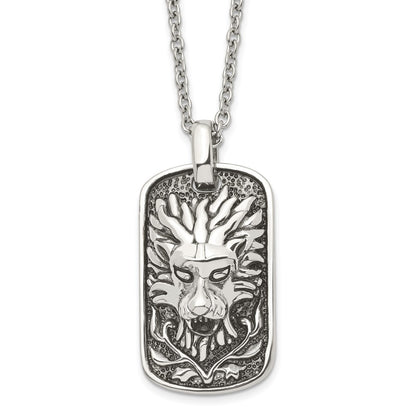 Stainless Steel Chisel Antiqued And Polished Mystical Lion Dog Tag On A 22 Inch Cable Chain Necklace