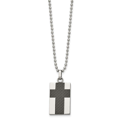 Stainless Steel Chisel Polished Carbon Fiber Inlay Cross Pendant On A 22 Inch Ball Chain Necklace