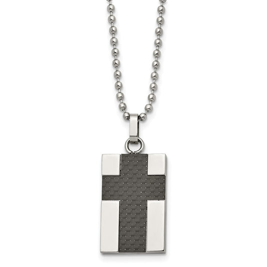 Stainless Steel Chisel Polished Carbon Fiber Inlay Cross Pendant On A 22 Inch Ball Chain Necklace