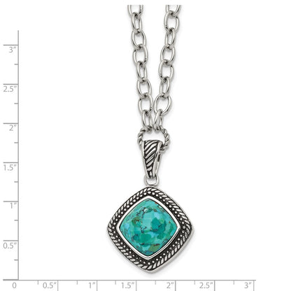 Stainless Steel Chisel Antiqued And Polished Imitation Turquoise Pendant On A 20.5 Inch Open Link Chain Necklace