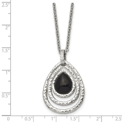 Stainless Steel Chisel Polished And Textured Black Onyx Pendant On An 18 Inch Cable Chain With A 2 Extension Necklace