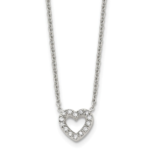 Stainless Steel Chisel Polished Cz Open Heart On An 18 Inch Cable Chain Necklace