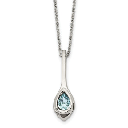 Stainless Steel Chisel Polished Blue Glass Teardrop Pendant On A 17.75 Inch Cable Chain With 2 Extension Necklace
