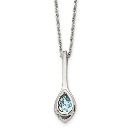 Stainless Steel Chisel Polished Blue Glass Teardrop Pendant On A 17.75 Inch Cable Chain With 2 Extension Necklace