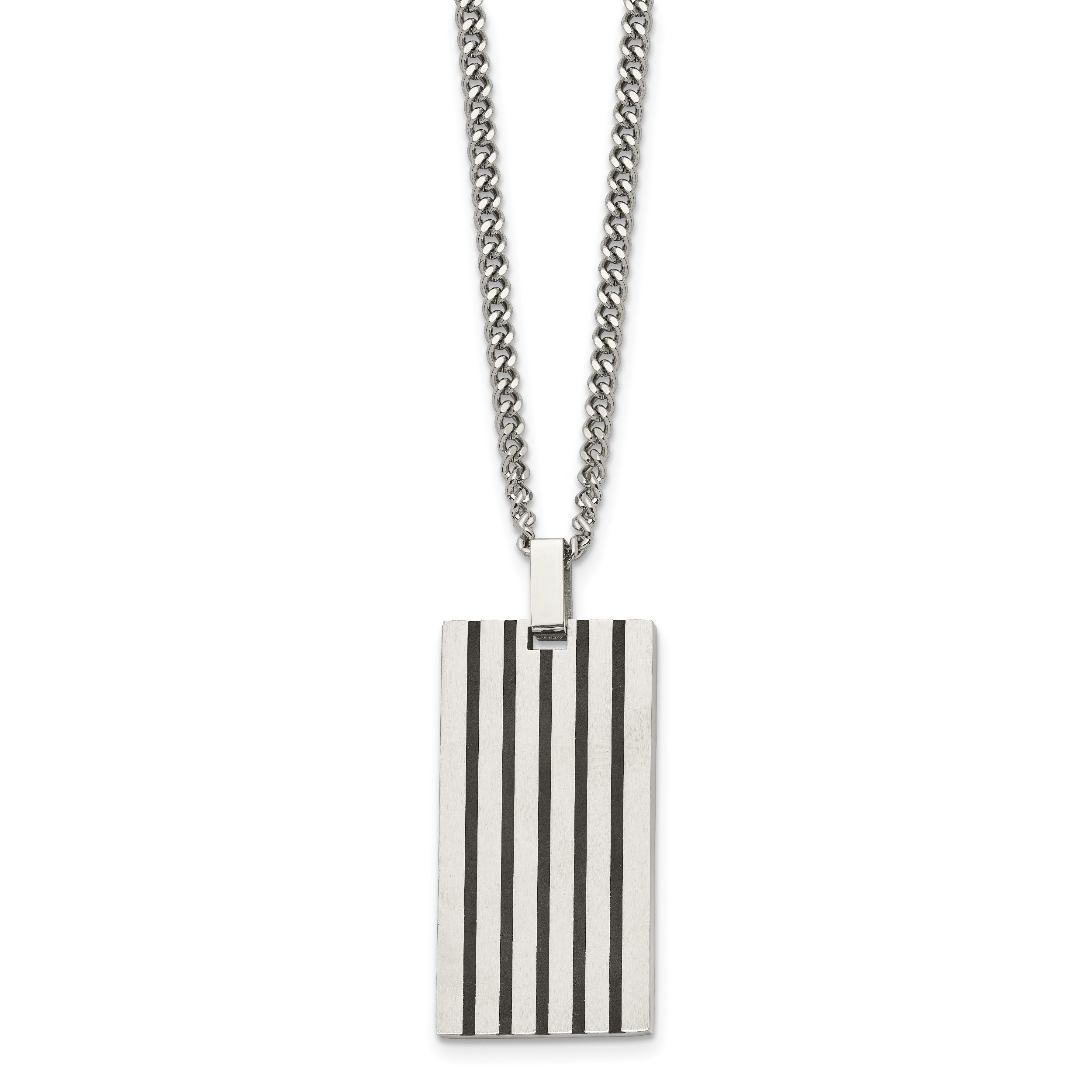 Stainless Steel Chisel Brushed With Black Rubber Inlay Rectangle Dog Tag On A 22 Inch Curb Chain Necklace