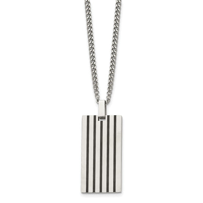 Stainless Steel Chisel Brushed With Black Rubber Inlay Rectangle Dog Tag On A 22 Inch Curb Chain Necklace