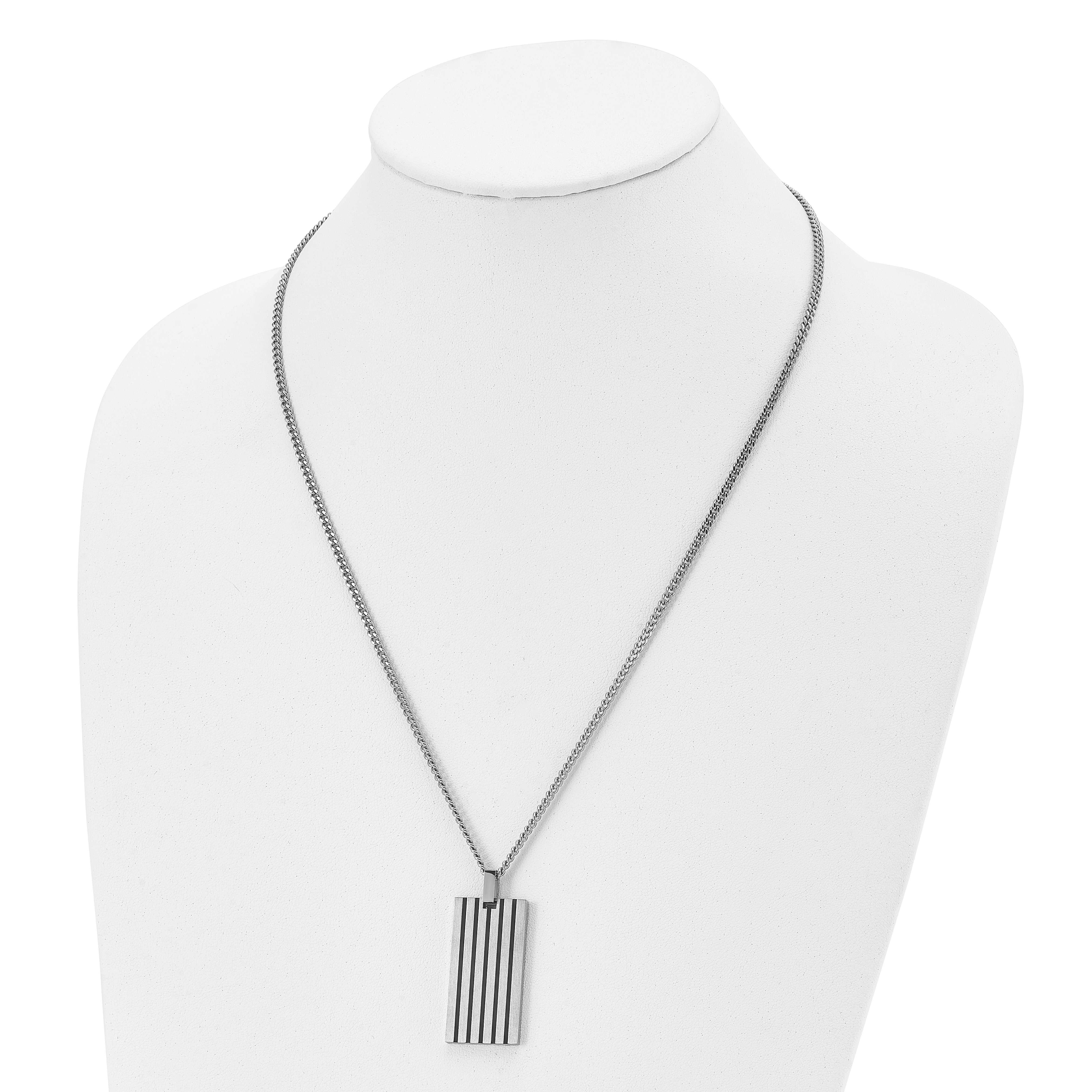 Stainless Steel Chisel Brushed With Black Rubber Inlay Rectangle Dog Tag On A 22 Inch Curb Chain Necklace