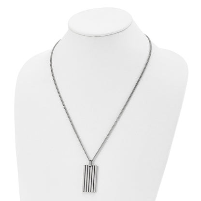 Stainless Steel Chisel Brushed With Black Rubber Inlay Rectangle Dog Tag On A 22 Inch Curb Chain Necklace