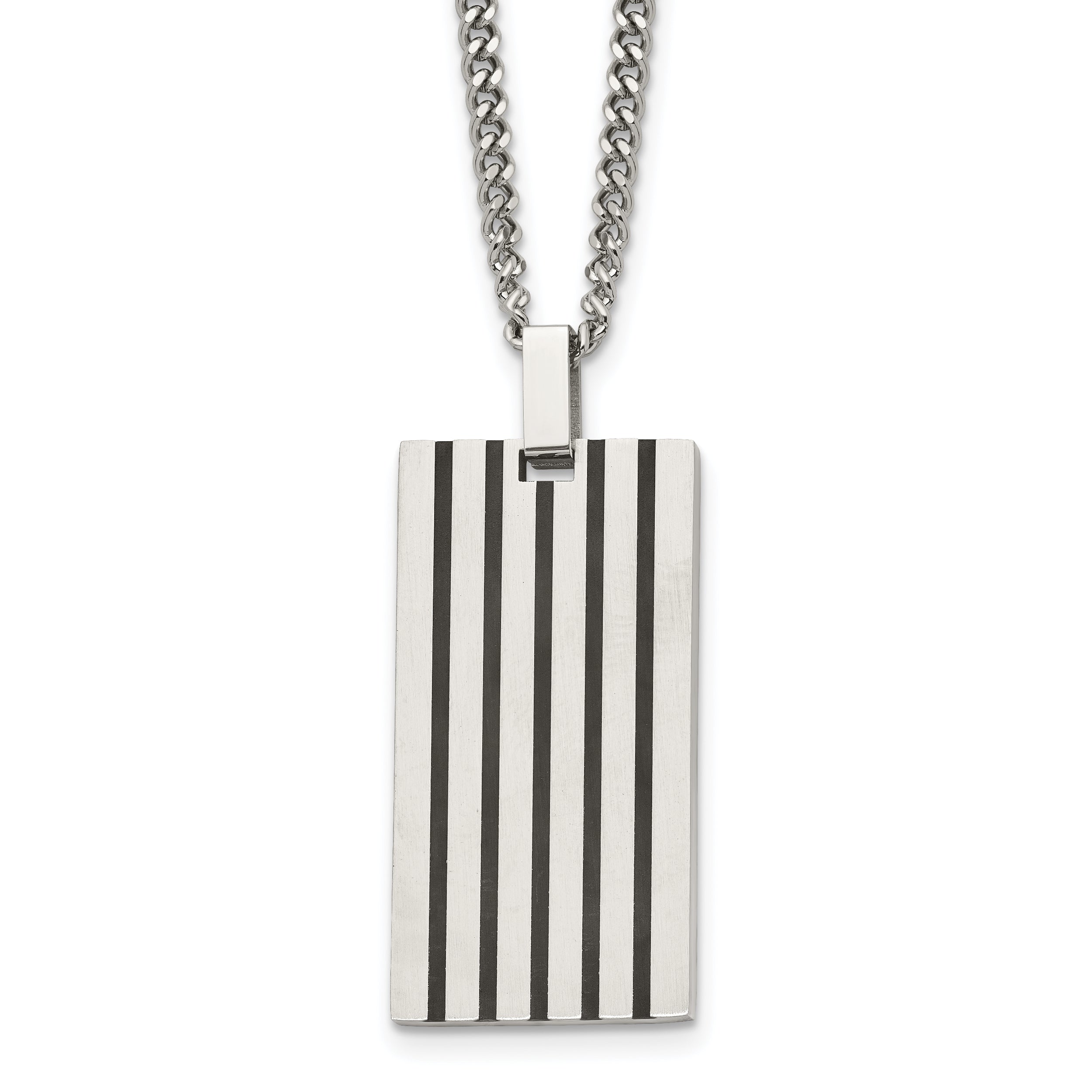 Stainless Steel Chisel Brushed With Black Rubber Inlay Rectangle Dog Tag On A 22 Inch Curb Chain Necklace