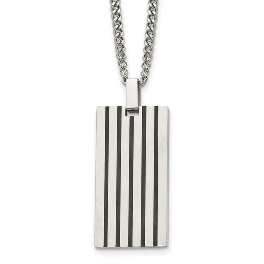 Stainless Steel Chisel Brushed With Black Rubber Inlay Rectangle Dog Tag On A 22 Inch Curb Chain Necklace