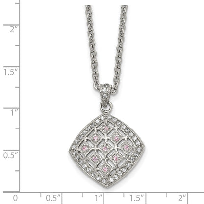 Stainless Steel Chisel Polished Clear And Pink Cz Square Pendant On A 18 Inch Cable Chain Necklace