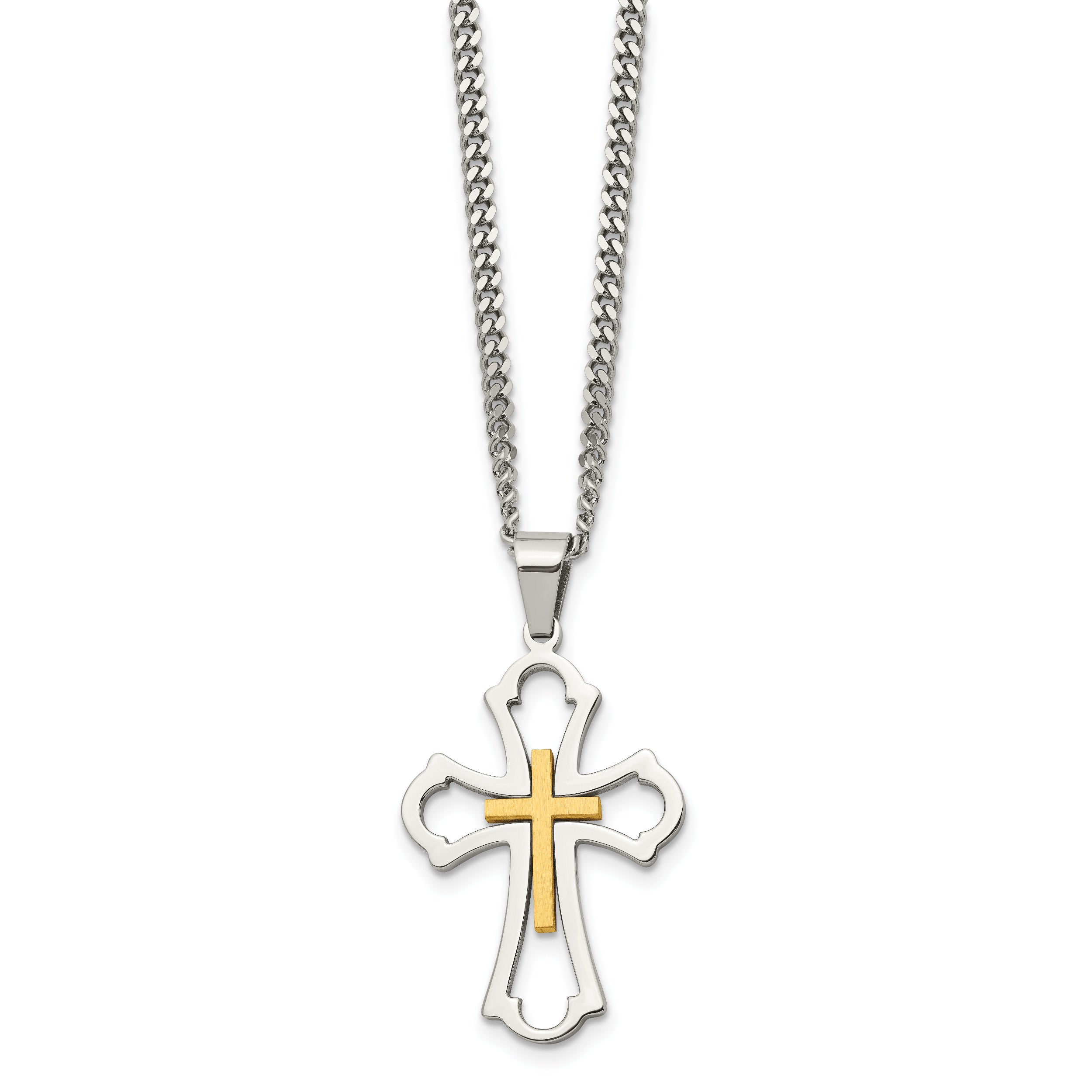Stainless Steel Chisel Brushed And Polished Yellow Ip-Plated Cross Pendant On A 22 Inch Curb Chain Necklace