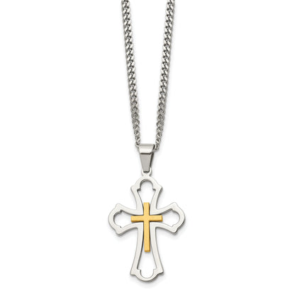 Stainless Steel Chisel Brushed And Polished Yellow Ip-Plated Cross Pendant On A 22 Inch Curb Chain Necklace