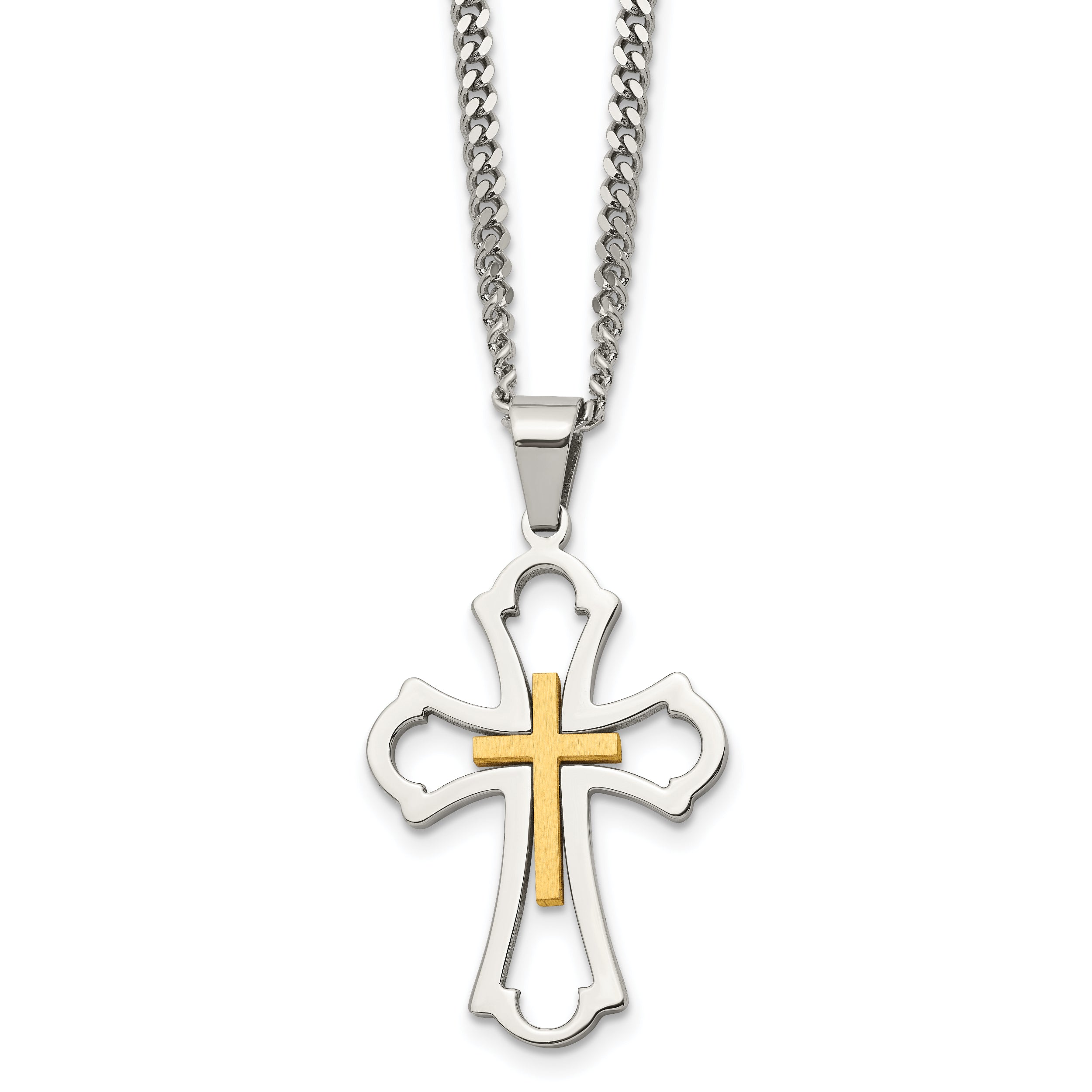 Stainless Steel Chisel Brushed And Polished Yellow Ip-Plated Cross Pendant On A 22 Inch Curb Chain Necklace