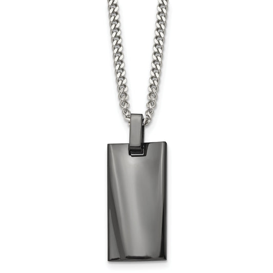 Stainless Steel Chisel Polished Black Ip-Plated Rectangle Dog Tag On A 22 Inch Curb Chain Necklace