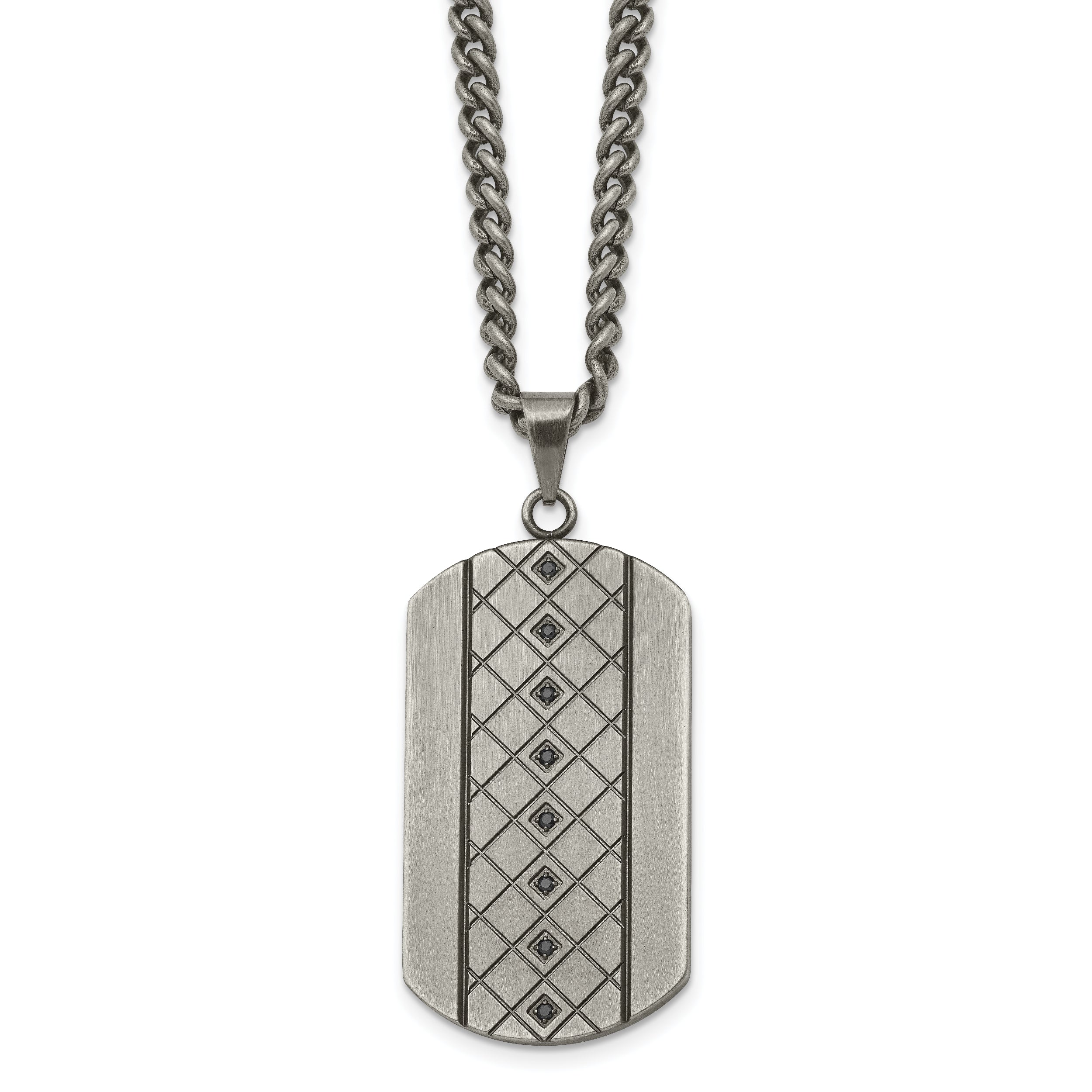 Stainless Steel Chisel Brushed And Textured With Black Cz Dog Tag On A 22 Inch Curb Chain Necklace