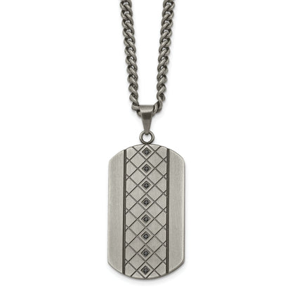 Stainless Steel Chisel Brushed And Textured With Black Cz Dog Tag On A 22 Inch Curb Chain Necklace