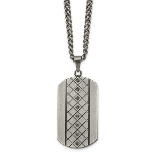 Stainless Steel Chisel Brushed And Textured With Black Cz Dog Tag On A 22 Inch Curb Chain Necklace