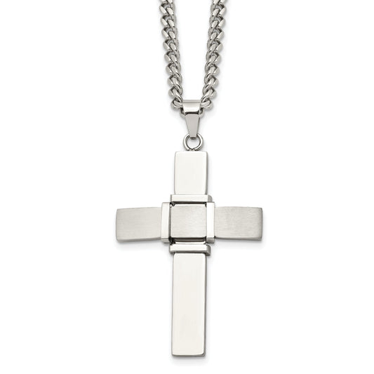 Stainless Steel Chisel Brushed And Polished Cross Pendant On A 22 Inch Curb Chain Necklace