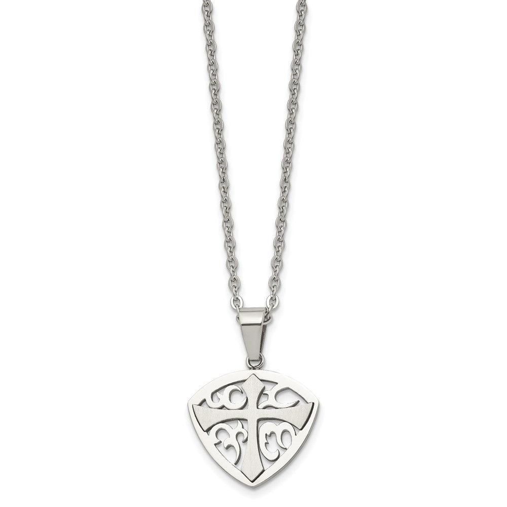 Stainless Steel Chisel Brushed And Polished Cross Shield Pendant On A 20 Inch Cable Chain Necklace