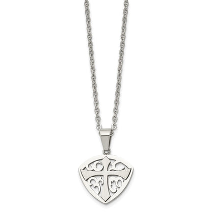 Stainless Steel Chisel Brushed And Polished Cross Shield Pendant On A 20 Inch Cable Chain Necklace