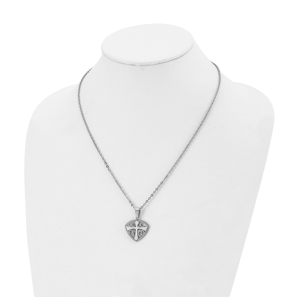 Stainless Steel Chisel Brushed And Polished Cross Shield Pendant On A 20 Inch Cable Chain Necklace