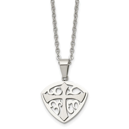 Stainless Steel Chisel Brushed And Polished Cross Shield Pendant On A 20 Inch Cable Chain Necklace