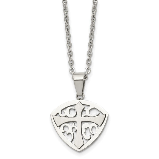 Stainless Steel Chisel Brushed And Polished Cross Shield Pendant On A 20 Inch Cable Chain Necklace