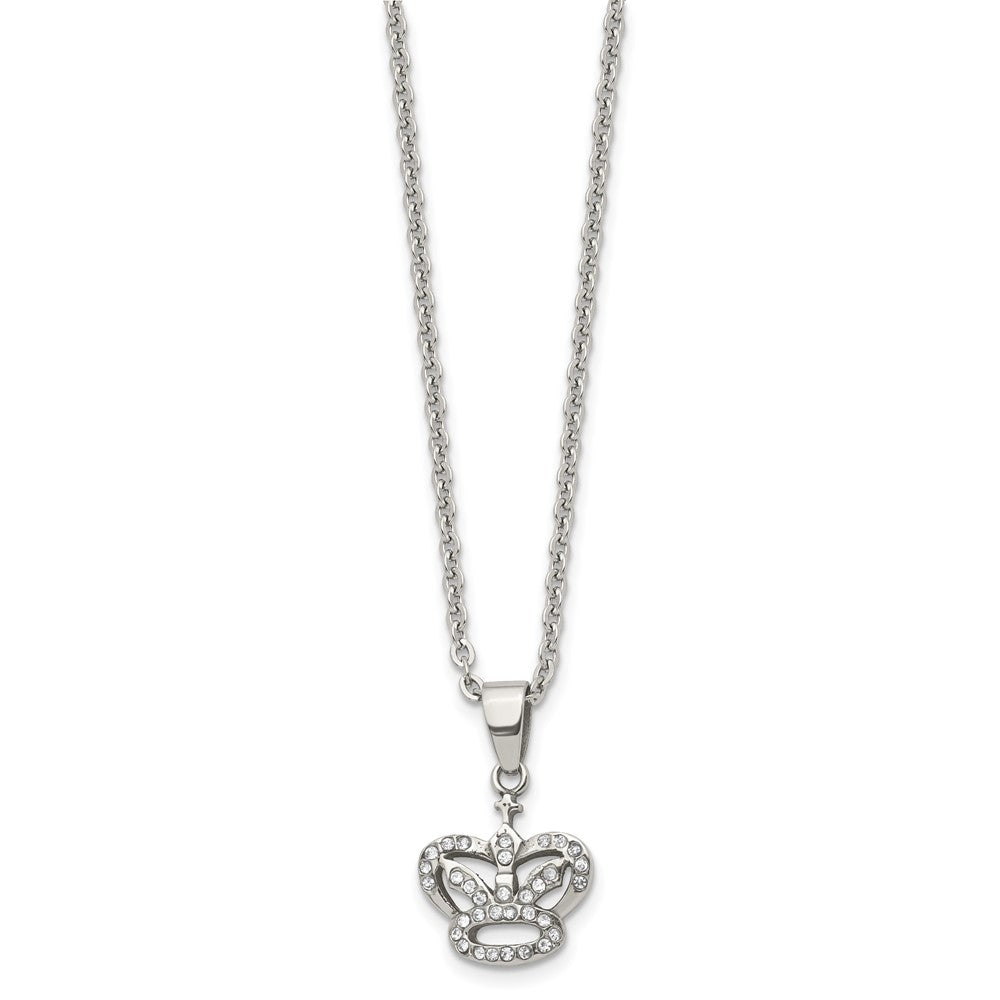 Stainless Steel Polished W/Cz Crown 18In Necklace