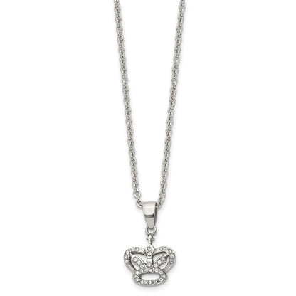 Stainless Steel Polished W/Cz Crown 18In Necklace