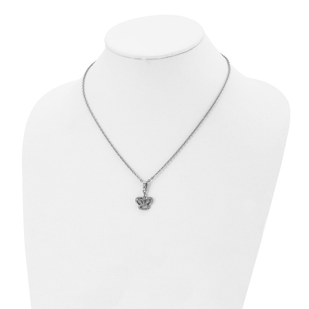Stainless Steel Polished W/Cz Crown 18In Necklace