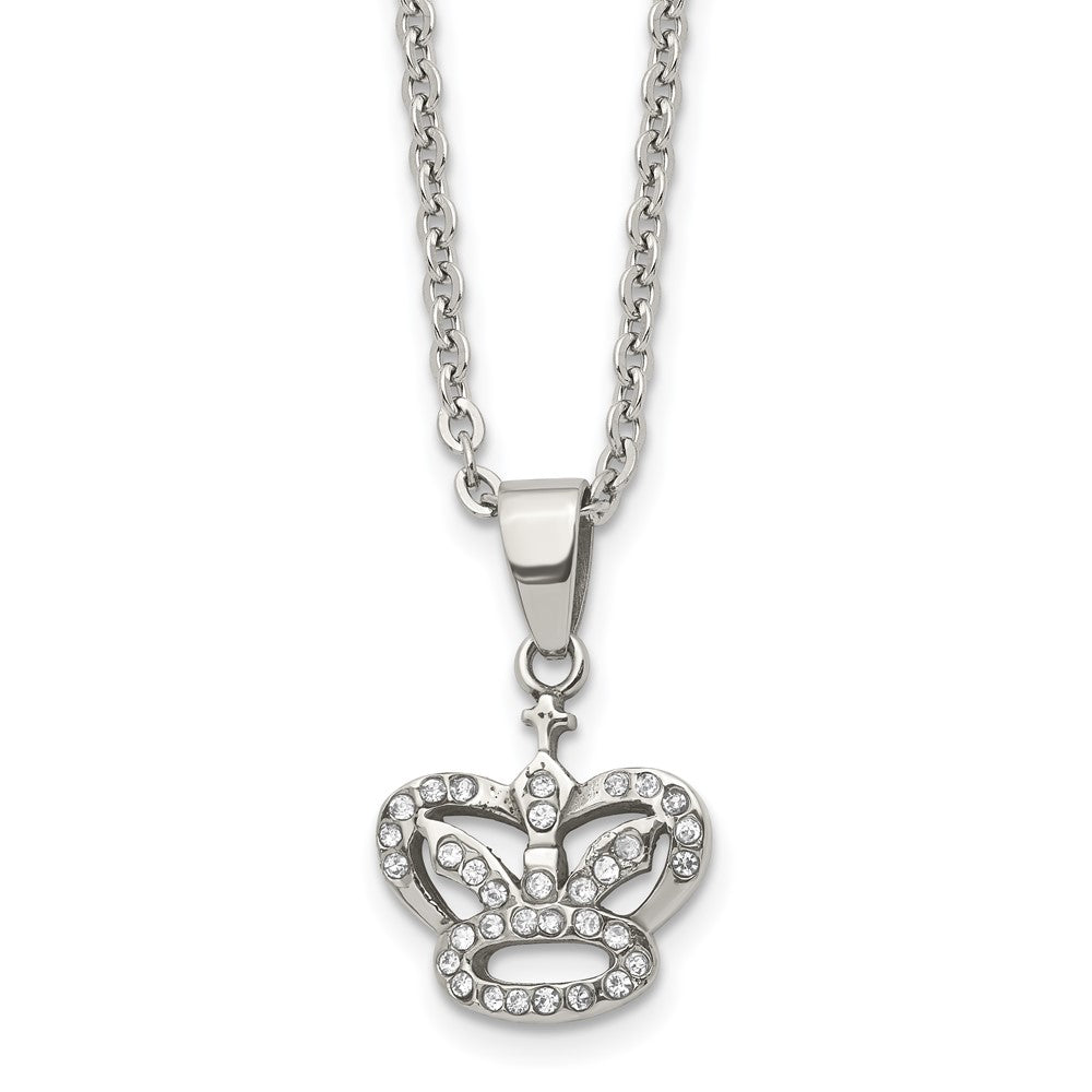 Stainless Steel Polished W/Cz Crown 18In Necklace