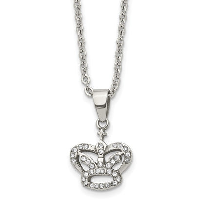 Stainless Steel Polished W/Cz Crown 18In Necklace