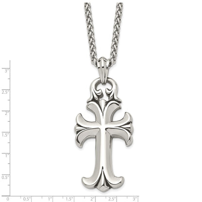 Stainless Steel Chisel Antiqued And Polished Cross Pendant On A 24 Inch Spiga Chain Necklace