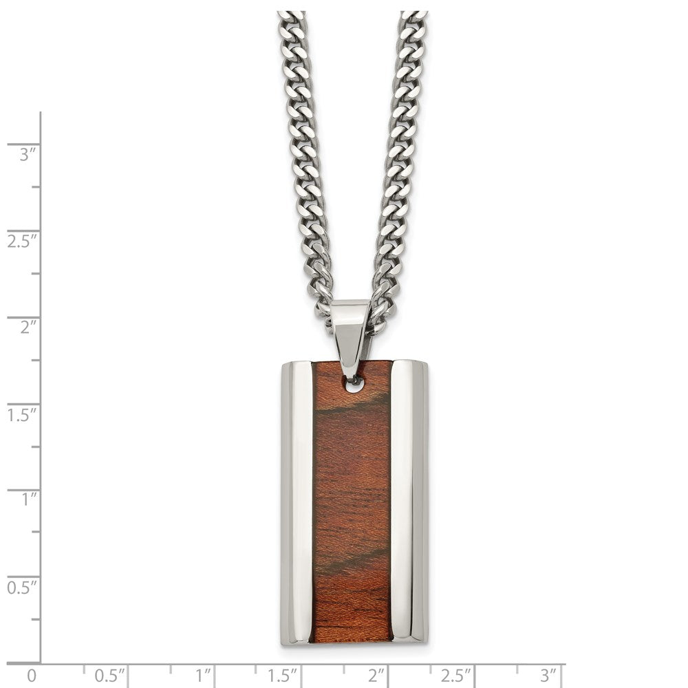 Stainless Steel Chisel Polished Koa Wood Inlay Enameled Pendant On A 20 Inch Curb Chain Necklace