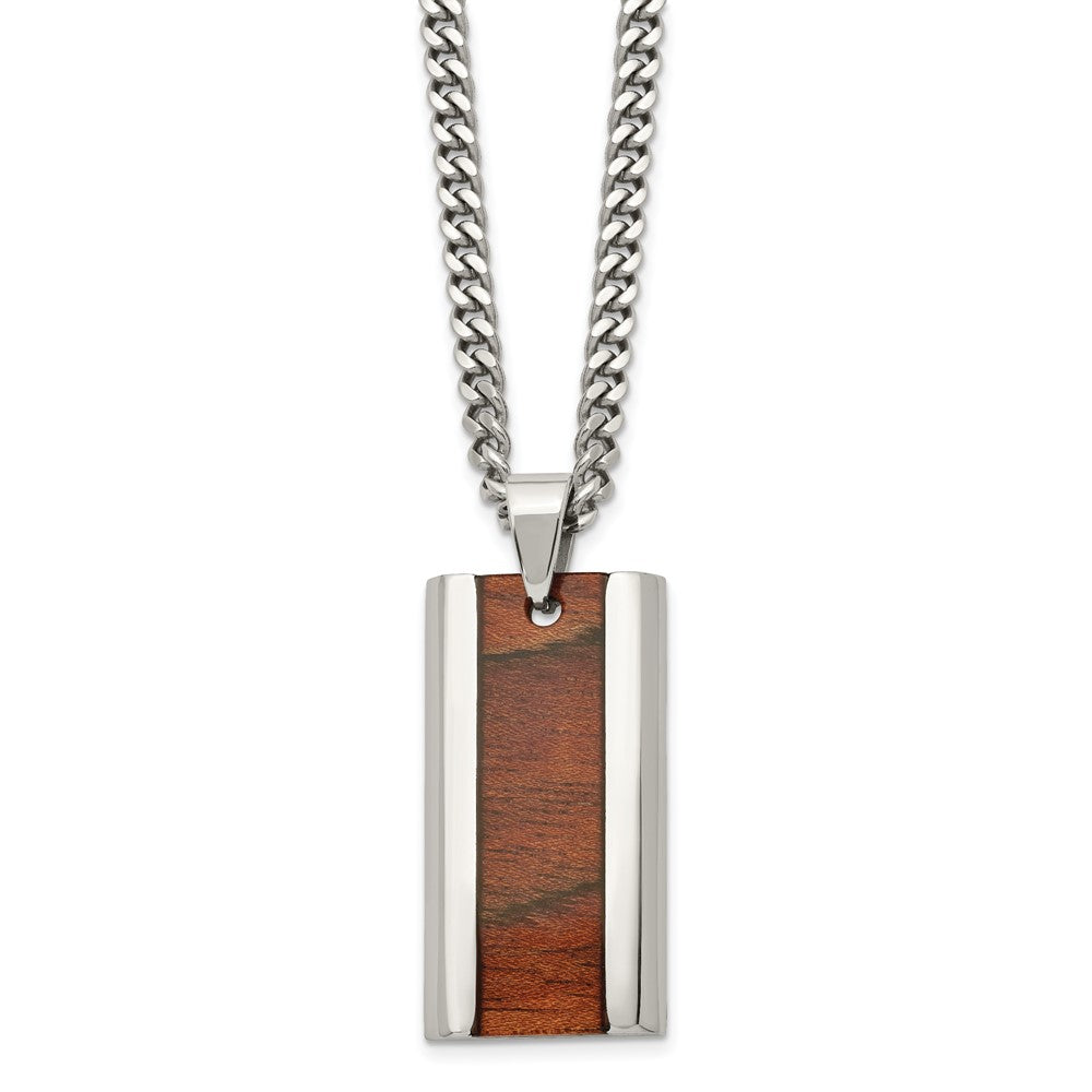 Stainless Steel Chisel Polished Koa Wood Inlay Enameled Pendant On A 20 Inch Curb Chain Necklace