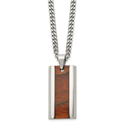 Stainless Steel Chisel Polished Koa Wood Inlay Enameled Pendant On A 20 Inch Curb Chain Necklace