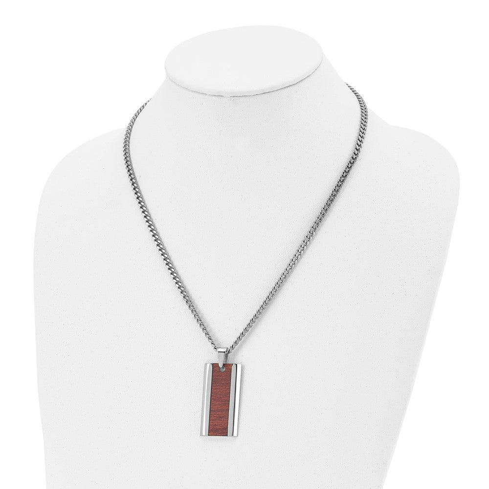 Stainless Steel Chisel Polished Red/Orange Koa Wood Inlay Enameled Pendant On A 20 Inch Curb Chain Necklace