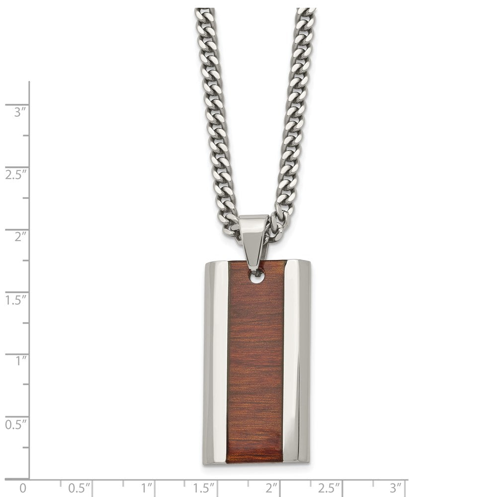 Stainless Steel Chisel Polished Red/Orange Koa Wood Inlay Enameled Pendant On A 20 Inch Curb Chain Necklace