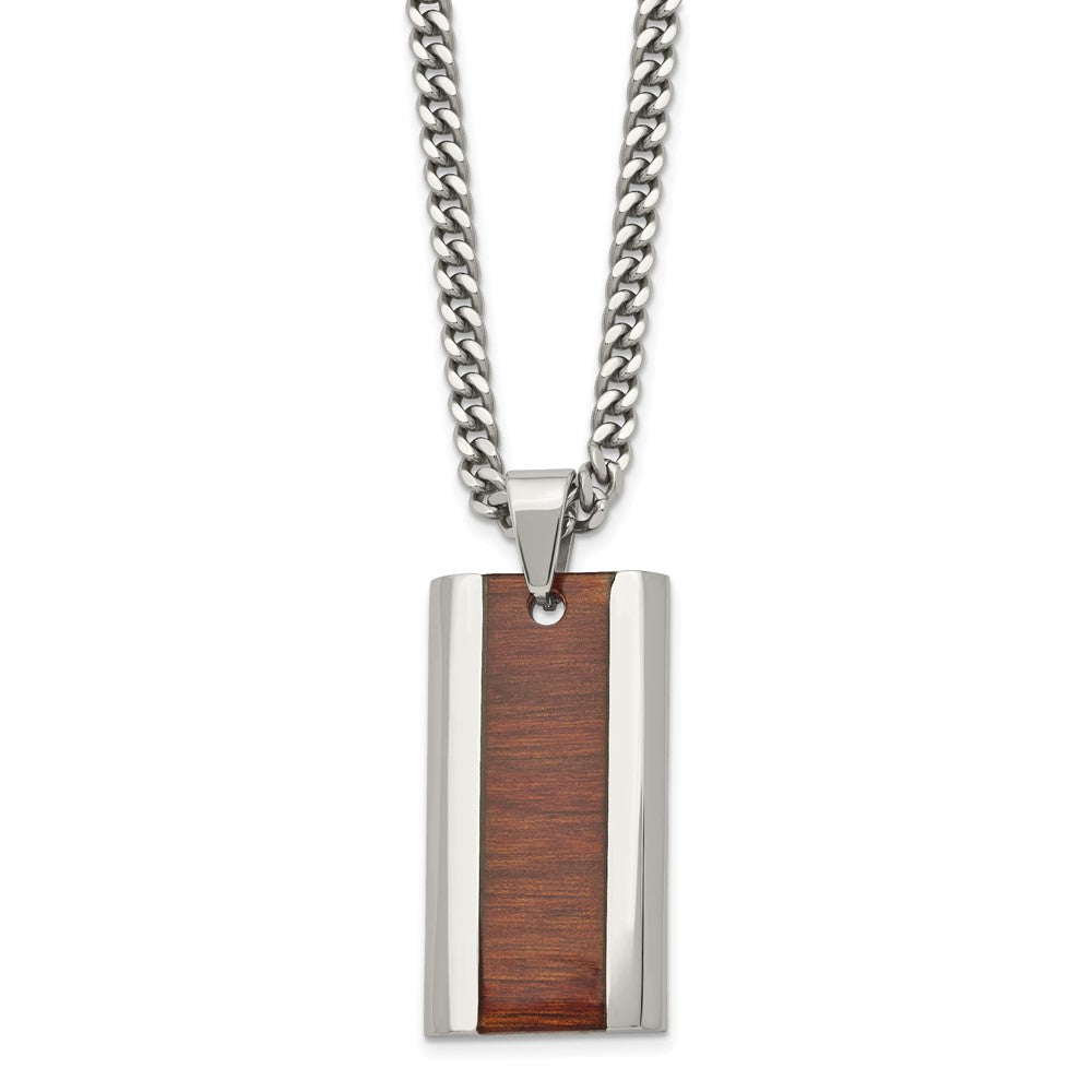 Stainless Steel Chisel Polished Red/Orange Koa Wood Inlay Enameled Pendant On A 20 Inch Curb Chain Necklace