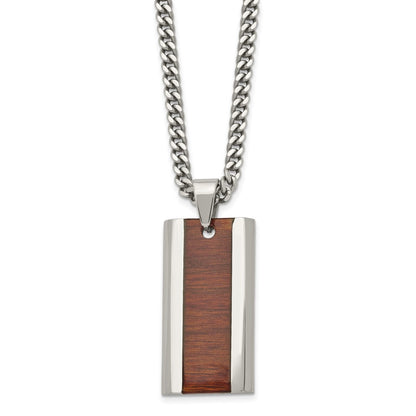 Stainless Steel Chisel Polished Red/Orange Koa Wood Inlay Enameled Pendant On A 20 Inch Curb Chain Necklace